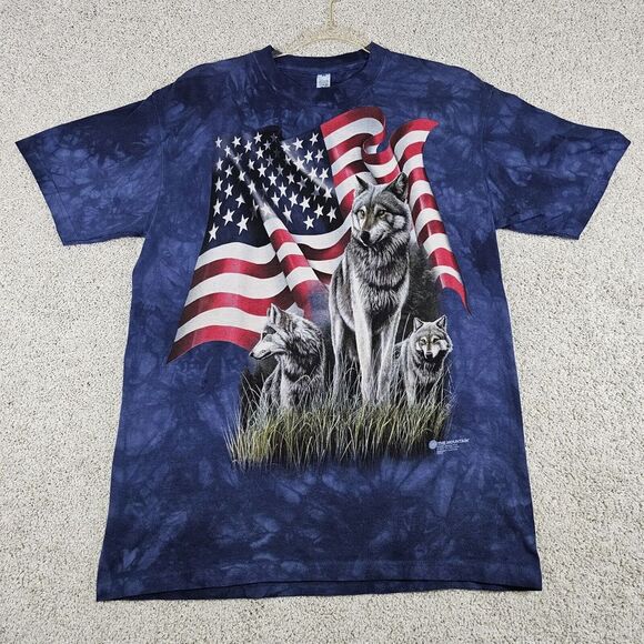 The Mountain Other - 2001 VTG The Mountain American Flag Grey Wolves Tie Dye Size M T-shirt USA